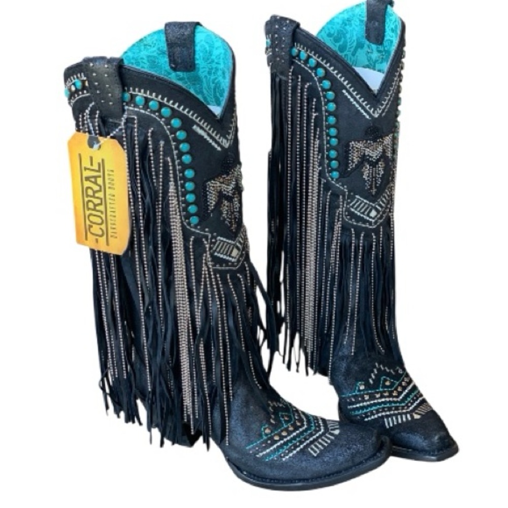 CORRAL EMBROIDERED AND CRYSTAL Black and Turquoise Eagle FRINGE WESTERN BOOTS - Picture 9 of 16